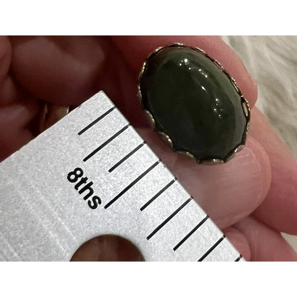 Vintage Dark Green Nephrite Jade Cufflinks Silver Tone Oval Cabochon Toggle Back